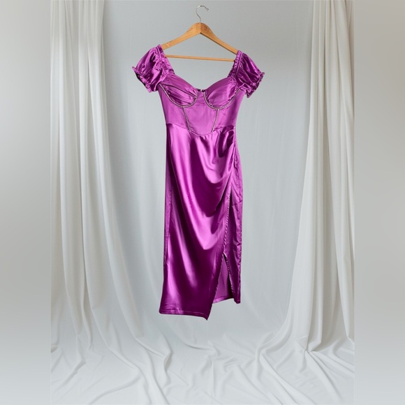 Hello Molly Midi Purple Rhinestone Silky Formal Prom Wedding Dress Puff Sleeve 4 - Picture 10 of 12